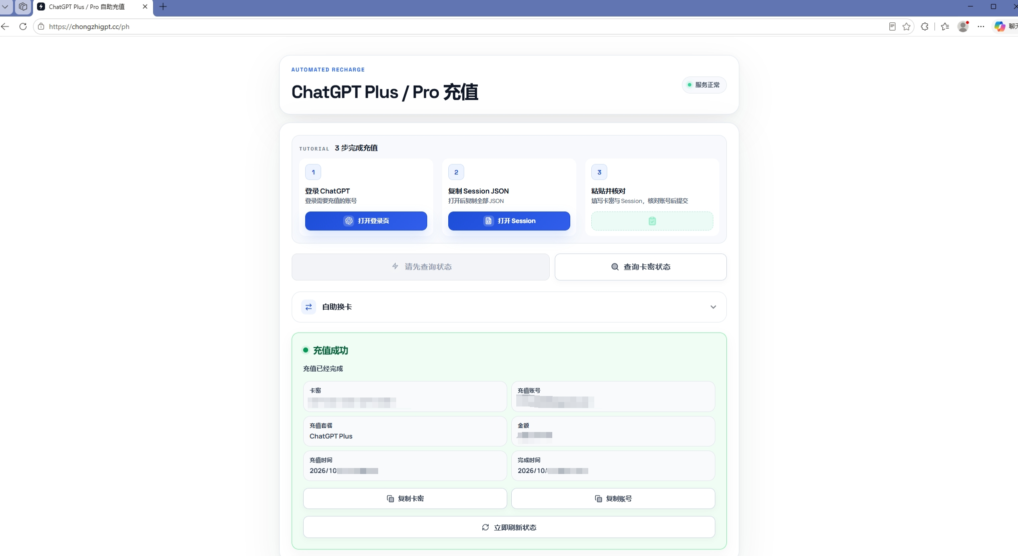 图片5:ChatGPT 充值页面,顶部操作步骤及下方绿色充值成功状态